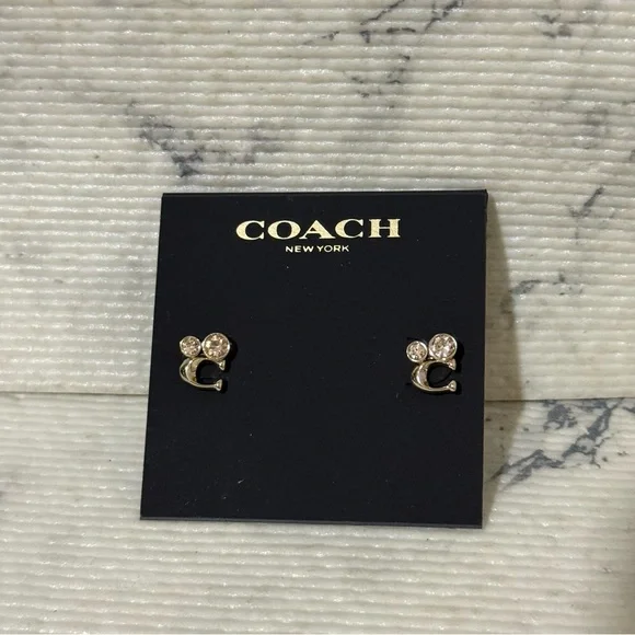 M Coach Signature C Crystal Cluster Goldtone Stud Earrings (Sterling Silver Post - Picture 3 of 7